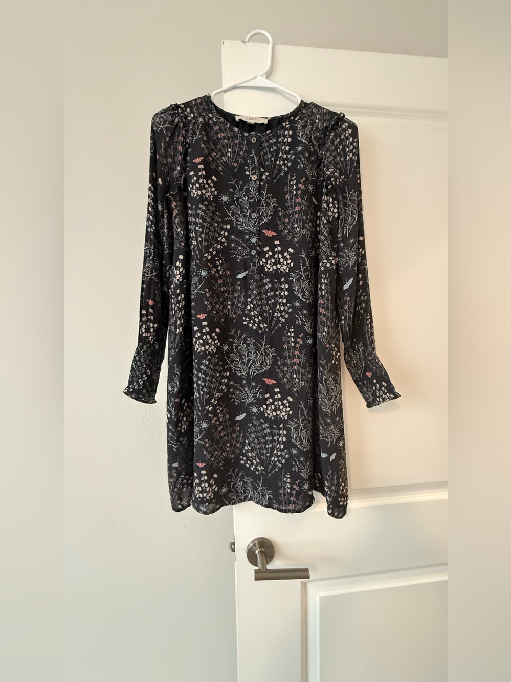 LOFT Black Floral Long-Sleeve Shift Dress with Pink & Blue Accents
